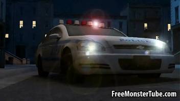 Hot 3D babe lays on a cop car and sucks a monsters cock