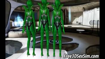 3D cartoon alien babe sucking and tugging two cocks